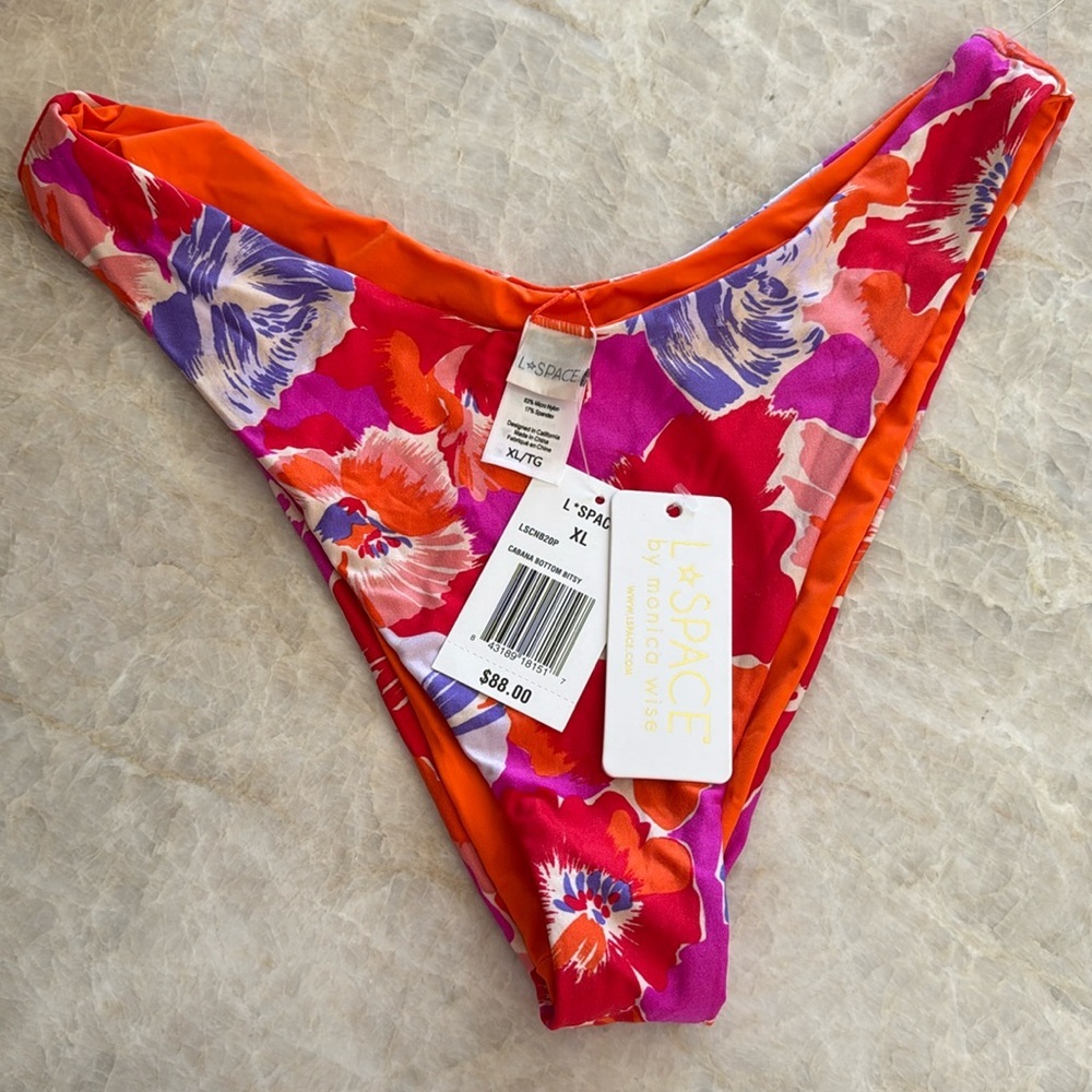 NWT L*Space Cabana Bitsy Brazilian Bikini Bottom -Floral-XL High‎ Leg